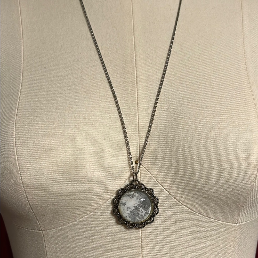 Handmade Acrylic Paint Pour Silver and White Pendant Necklace